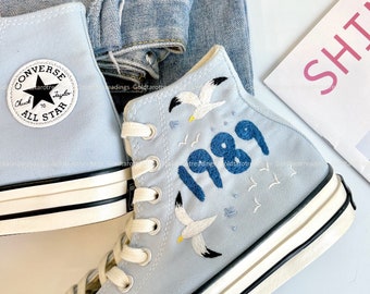 Bordado Ardilla Converse Chuck Taylor Gaviota Blanca y Mar Converse High Top Custom Bordado Ocean Canvas Zapatos