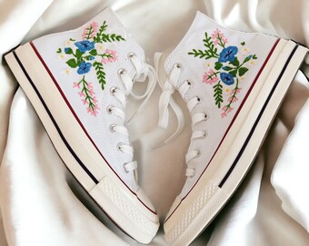 Embroidery Blue Roses Flower Classic High Top Converse Canvas Shoes Custom Hand Embroidery Roses Converse High Top Personalized Gift For Her