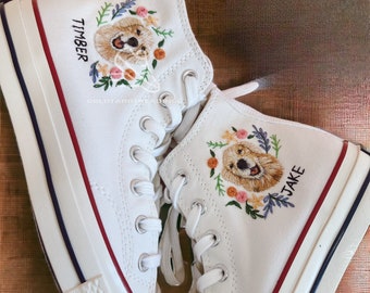 Custom High Top 1970s Gift Embroidered Name of Pet Custom Converse Chuck Taylor Embroidered Dog Flower Personalized Embroidered Sneakers