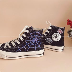 Custom Personalize Spider Web Embroidery Canvas Shoes, Converse All Star Halloween Embroidered No Home Way Converse High Top 1970s