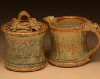 Handmade Stoneware Creamer & Sugar Set. Wheel Thrown. Functional.