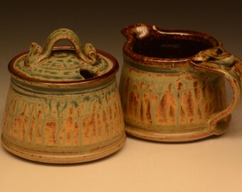 Handmade Stoneware Creamer & Sugar Set. Wheel Thrown. Functional.