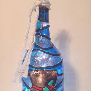 Snowman Inspired Stained Glass look Lighted Handpainted Wine Bottle image 4