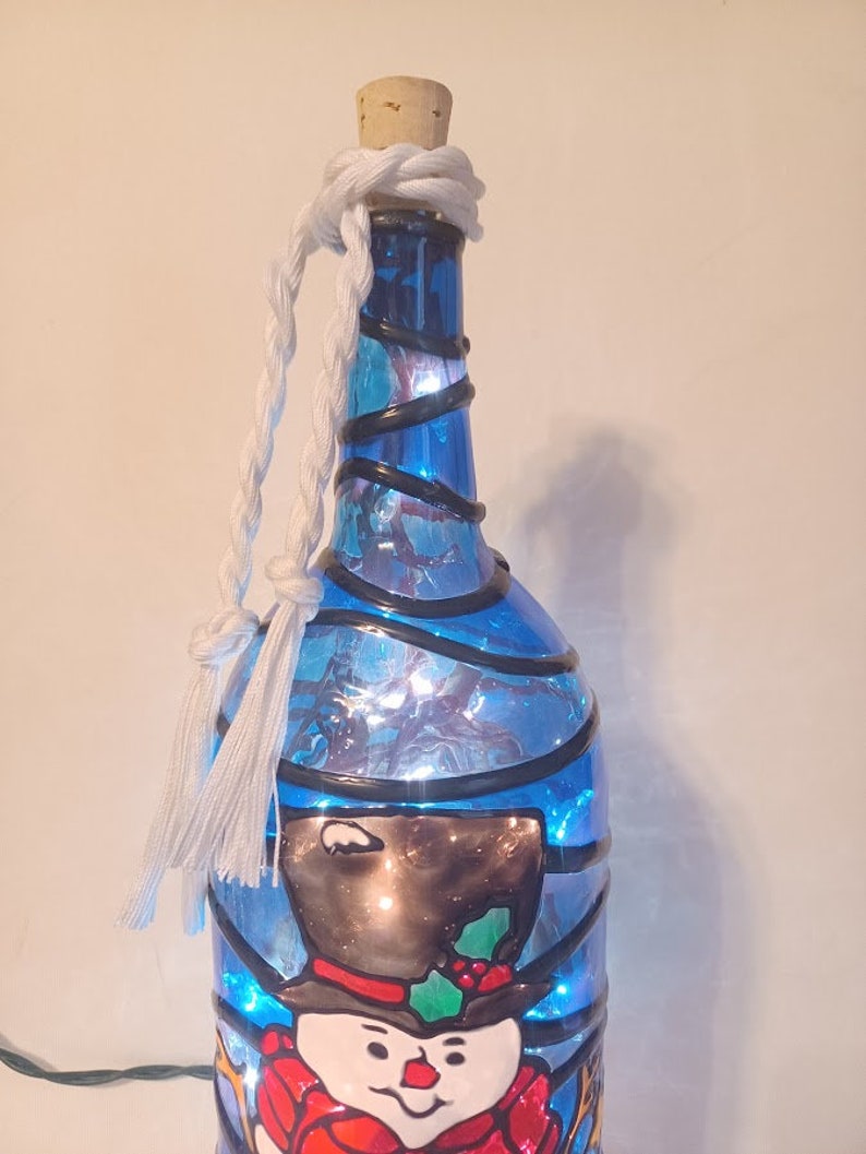 Snowman Inspired Stained Glass look Lighted Handpainted Wine Bottle image 4