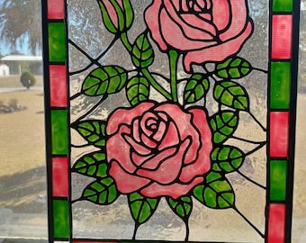 Pink Roses Stained Glass Window Panel hand painted