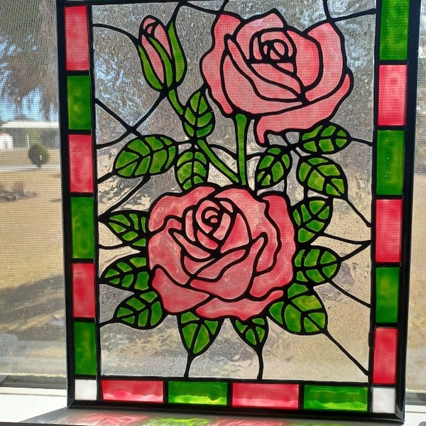 Pink Roses Stained Glass Window Panel hand painted