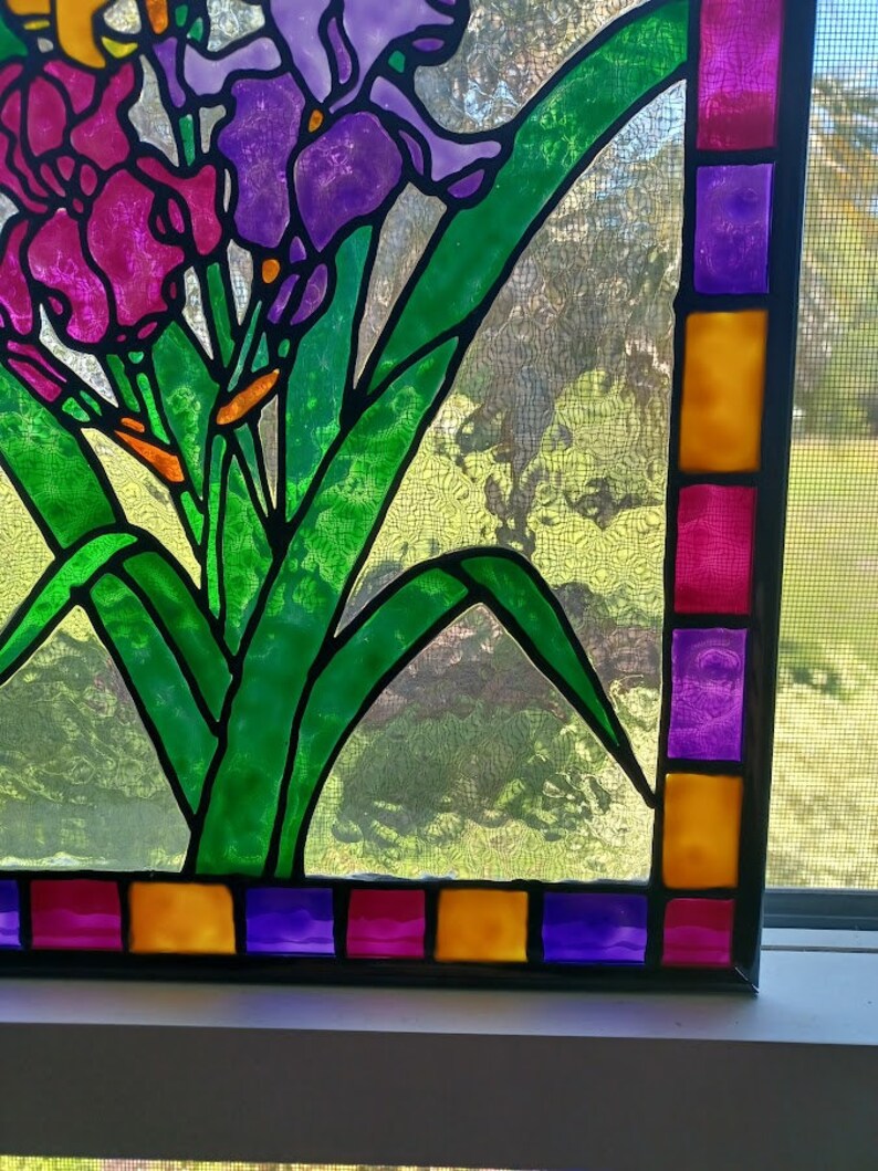 Irises Stained Glass Window Panel Hand Painted Etsy