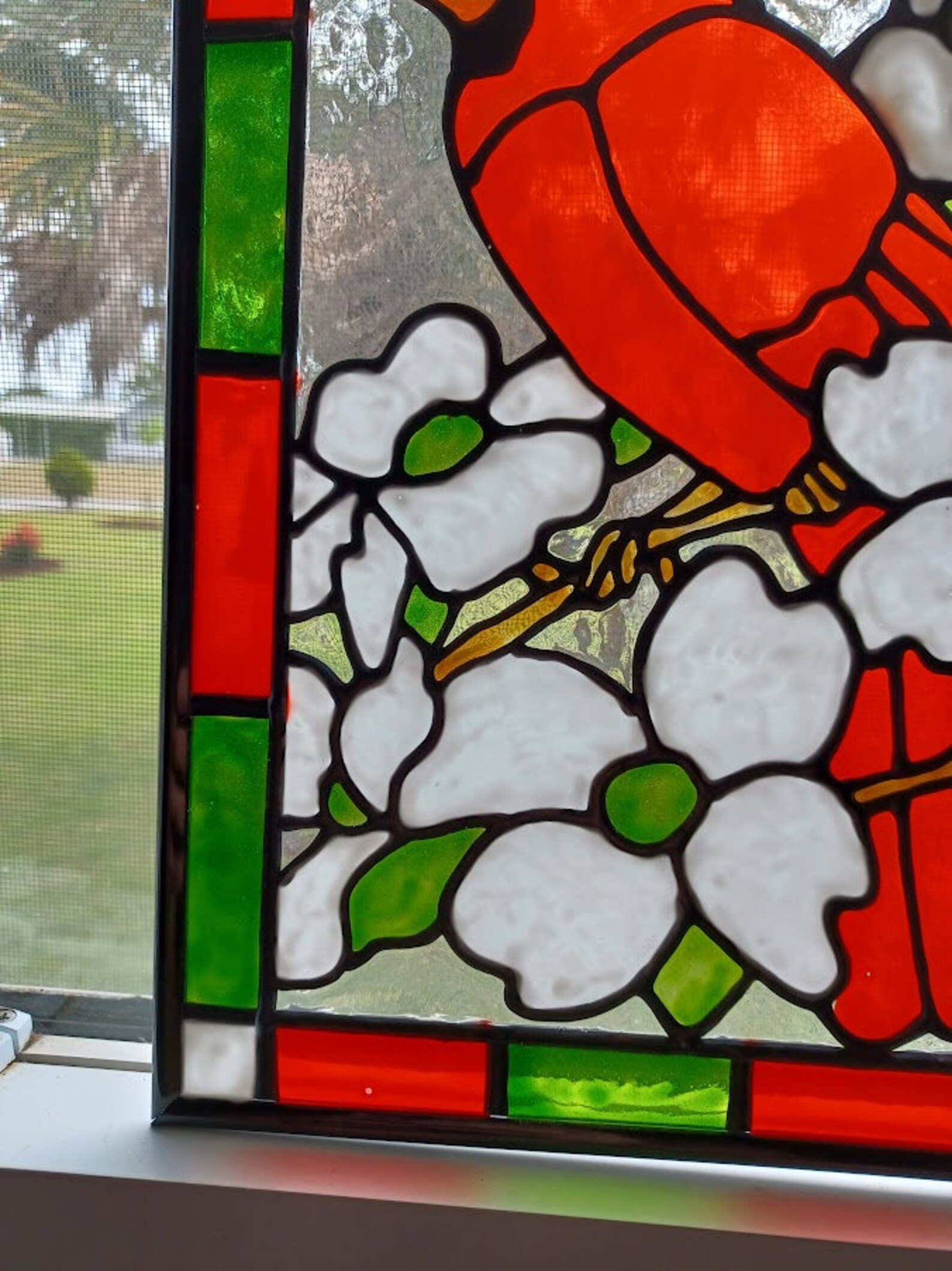 Cardinal Stained Glass Window Panel Hand Painted Etsy