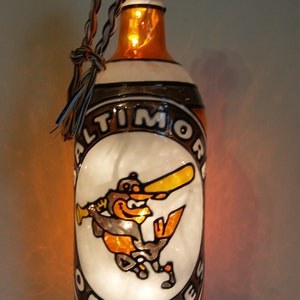 Baltimore Orioles Inspired Bottle Lamp Hand Painted Stained Glass Look Lighted