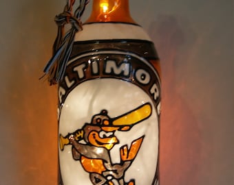 Baltimore Orioles Inspired Bottle Lamp Hand Painted Stained Glass Look Lighted