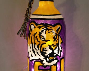 Louisiana State University Inspired Bottle Lamp Handpainted Lighted Stained Glass look.