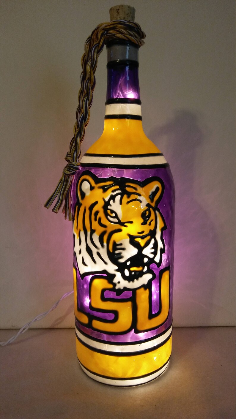 Louisiana State University Inspired Bottle Lamp Handpainted Lighted Stained Glass look.