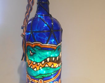 Florida Gators Inspired Wine Bottle Lamp Hand Painted Lighted Stained Glass Look