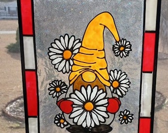 Gnome and daisies Stained Glass Window Panel hand painted