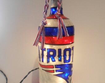 New England Patriots Inspired Stained Glass look Lighted Handpainted Wine Bottle.*