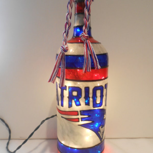 New England Patriots Inspired Stained Glass look Lighted Handpainted Wine Bottle.*