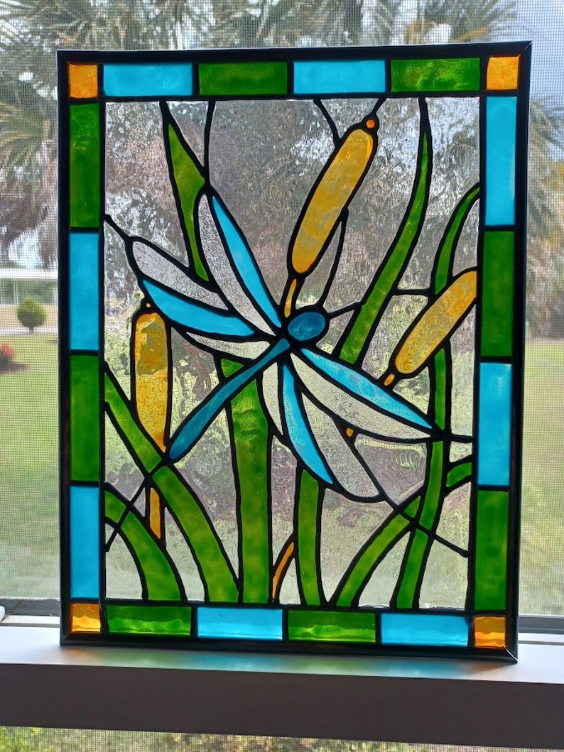 Dragonfly Stained Glass Window Panel Hand Painted Etsy