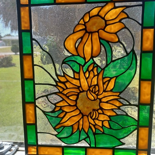 Sunflowers Stained Glass Window Panel hand painted.
