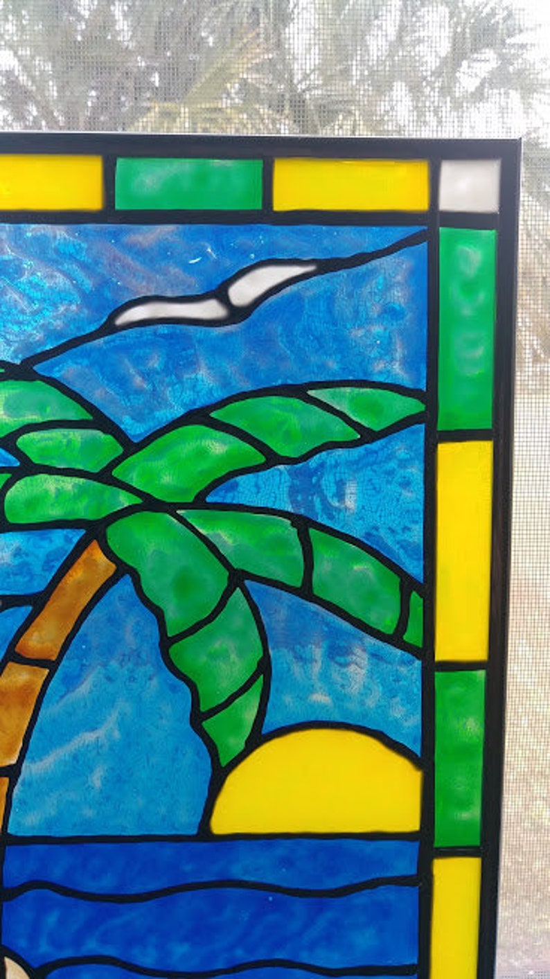 Palm Tree and Beach Stained Glass Window Panel Hand Painted Etsy