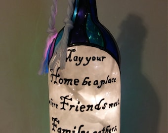 New Home Wine Bottle Lamp Handpainted Stained Glass look