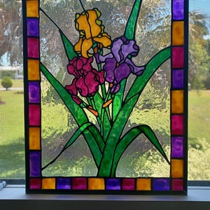 Irises Stained Glass Window Panel hand painted