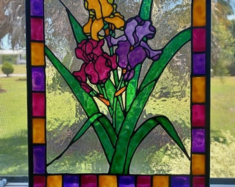 Irises Stained Glass Window Panel hand painted