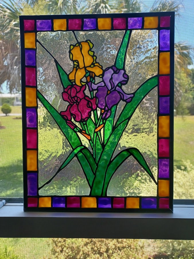 Irises Stained Glass Window Panel Hand Painted Etsy