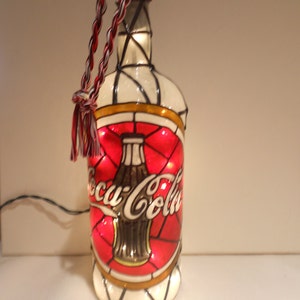 Coca Cola Inspired Wine Bottle Lamp Handpainted Stained Glass look