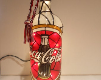 Coca Cola Inspired Wine Bottle Lamp Handpainted Stained Glass look