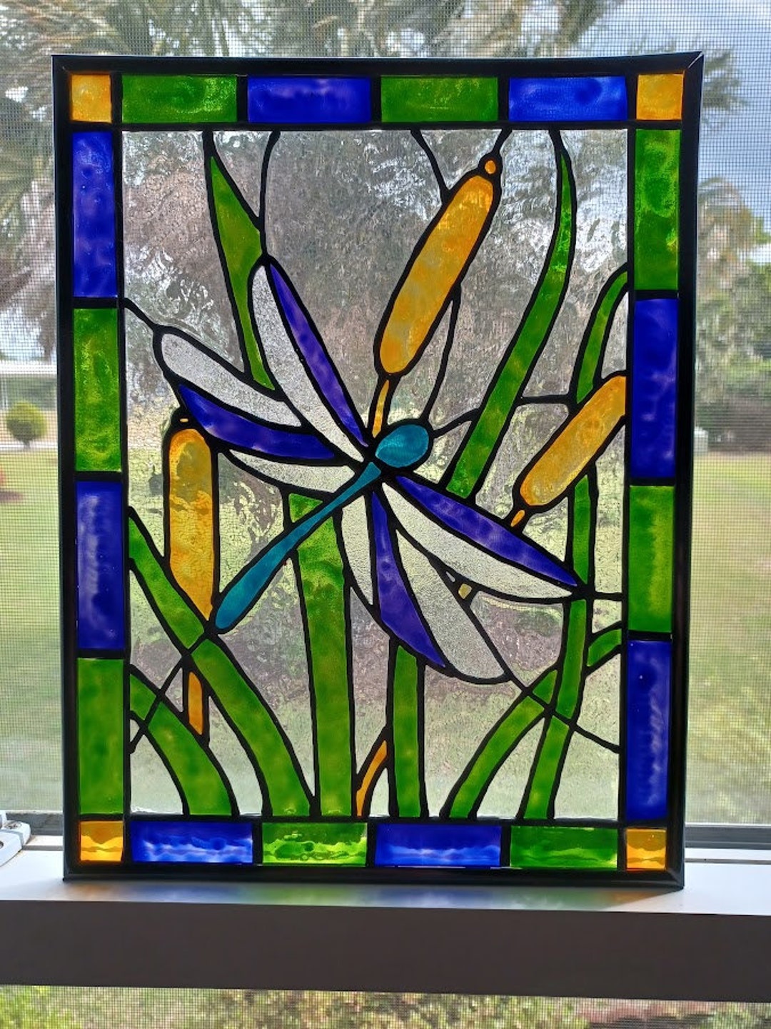 Dragonfly Stained Glass Window Panel Hand Painted Etsy
