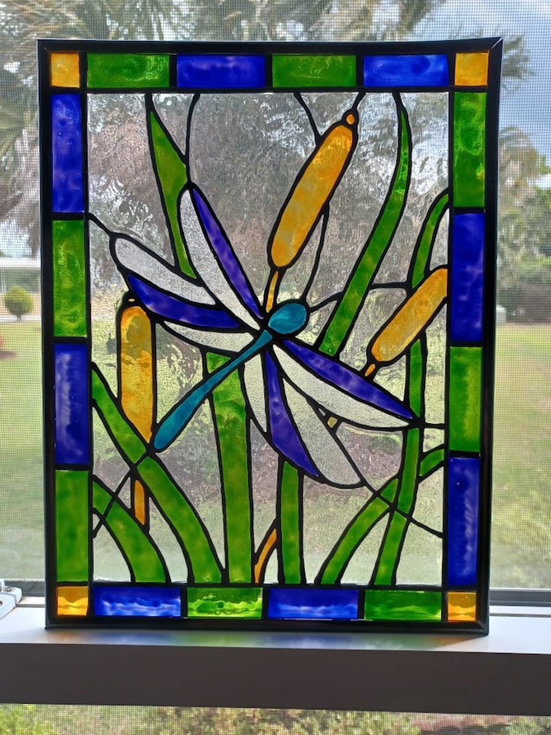 Dragonfly Stained Glass Window Panel Hand Painted Etsy