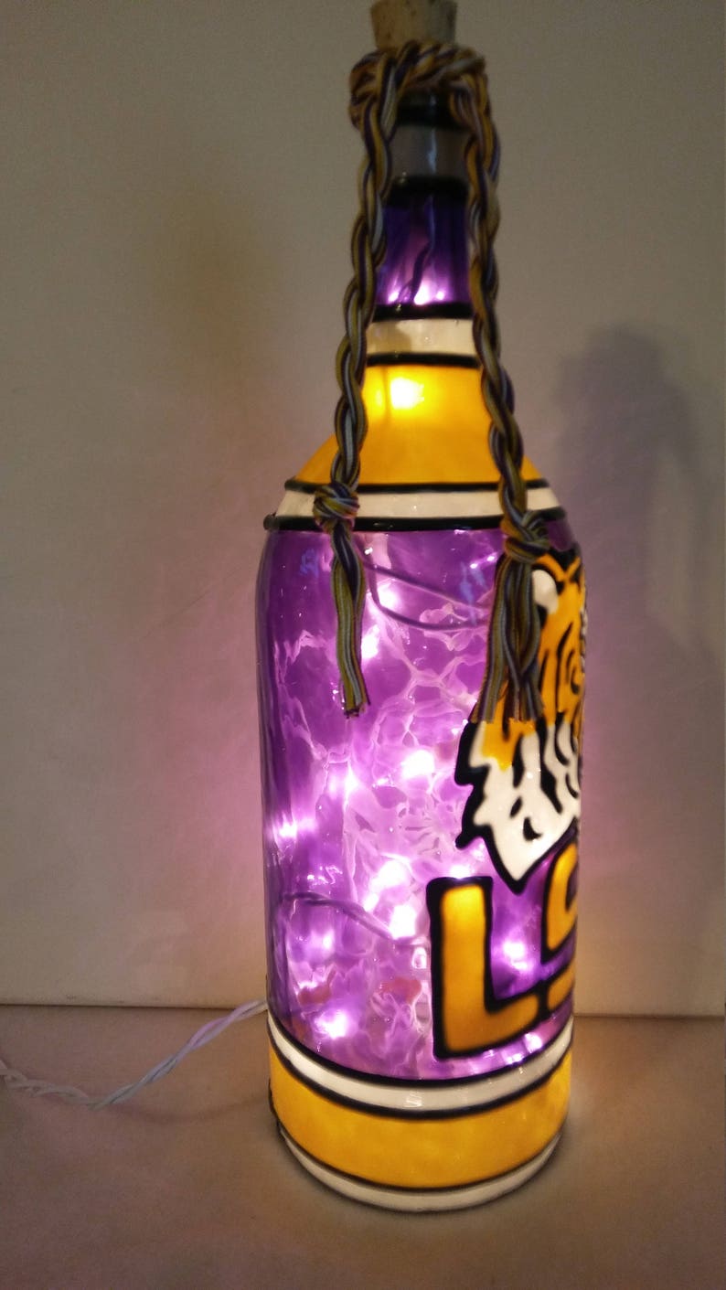 Louisiana State University Inspired Bottle Lamp Handpainted Lighted Stained Glass look.