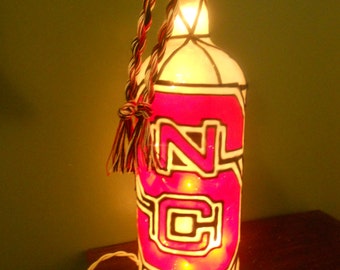 North Carolina State inspired Lighted Handpainted Wine Bottle Stained Glass Look