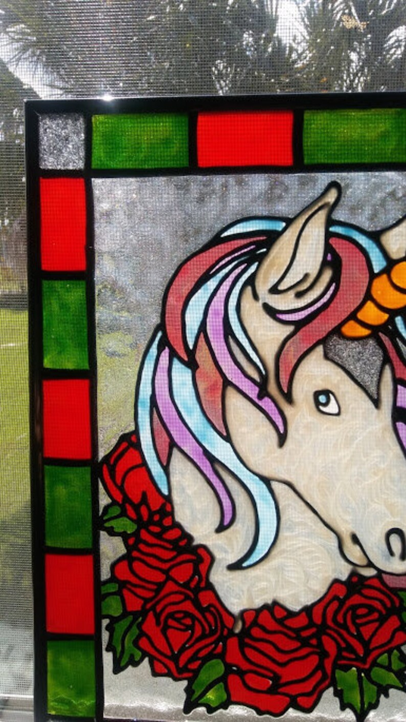 Unicorn and Roses Stained Glass Window Panel Hand Painted - Etsy