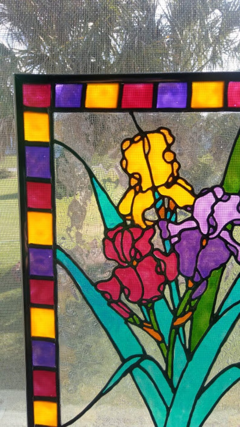 Irises Stained Glass Window Panel Hand Painted Etsy