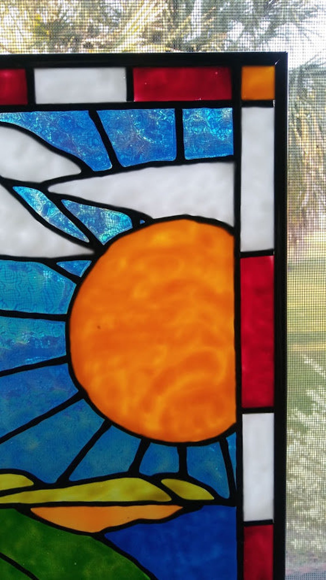 Lighthouse Sunshine Stained Glass Window Panel Hand Painted Etsy