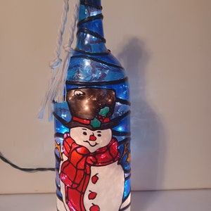 Snowman Inspired Stained Glass look Lighted Handpainted Wine Bottle image 2