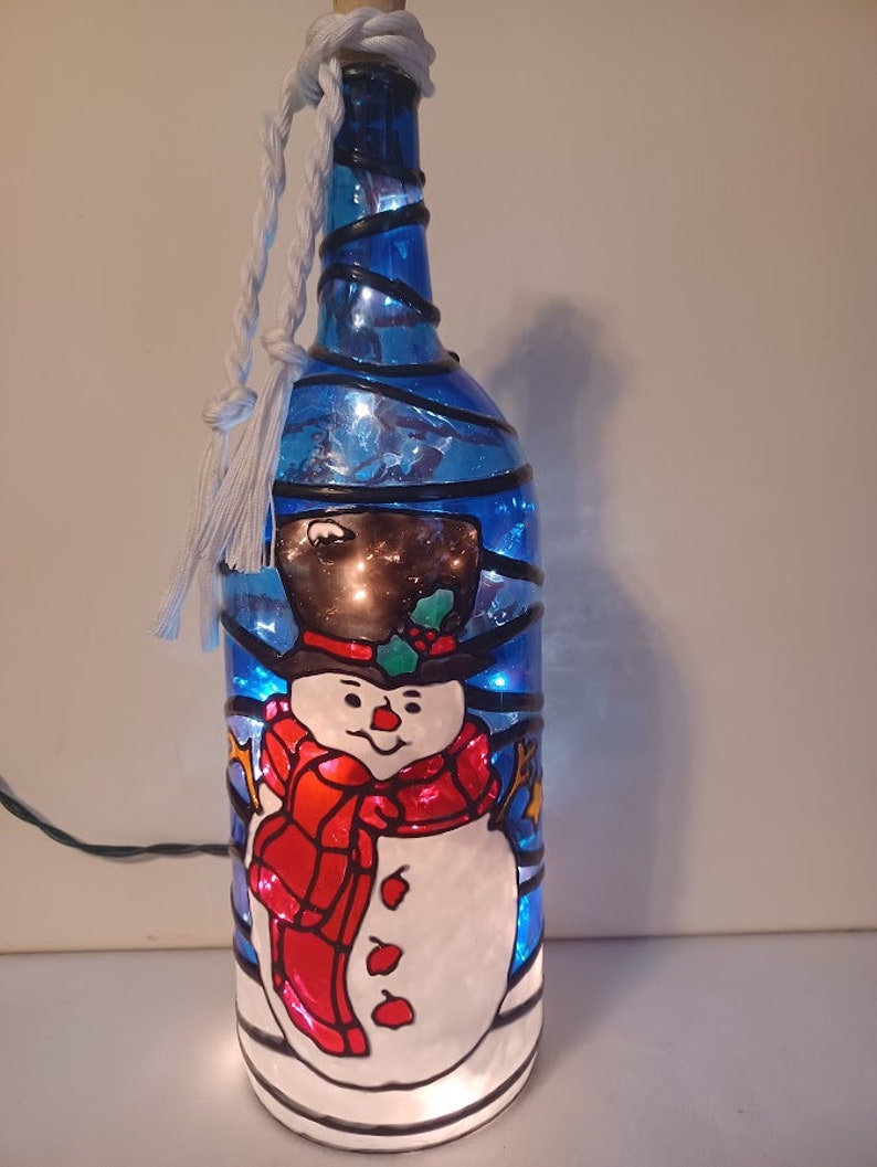 Snowman Inspired Stained Glass look Lighted Handpainted Wine Bottle image 2