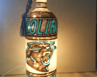 Carolina Panthers Inspired Lighted Handpainted Wine Bottle.Stained Glass look.