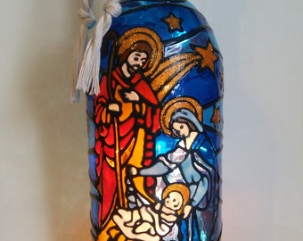 Nativity Scene Bottle Lamp Stained Glass Look Hand Painted