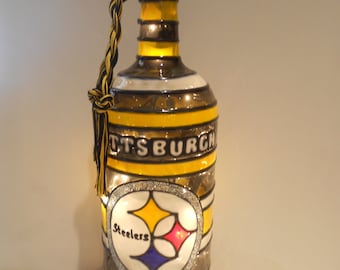 Pittsburgh Steelers inspired Wine Bottle Lamp Lighted Handpainted Stained Glass Look