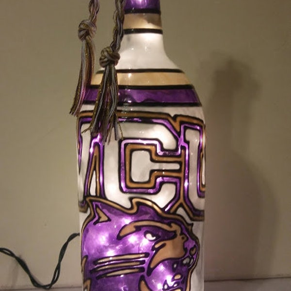 WCU Western Carolina inspired Wine Bottle Lamp Hand Painted Stained Glass Look