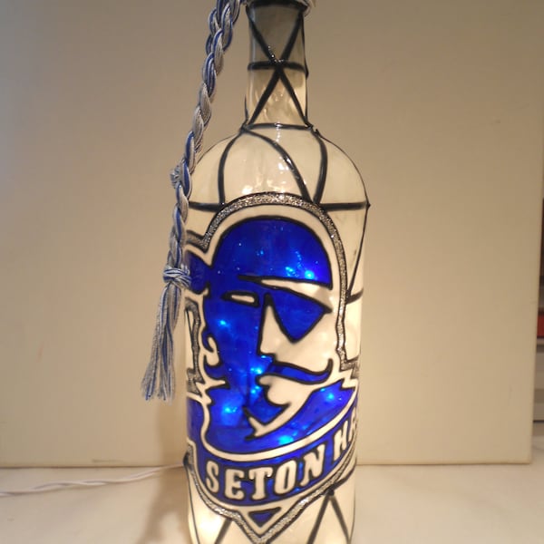 Seton Hall inspired Wine Bottle Lamp Hand Painted Stained Glass Look