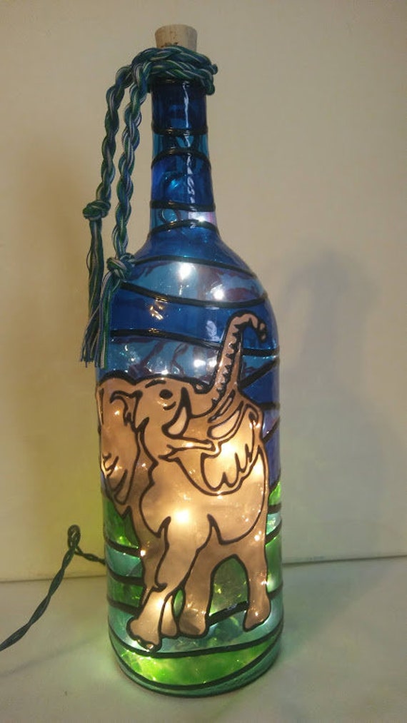 Elephant Bottle Lamp Hand Painted Stained Glass Look Lighted Etsy