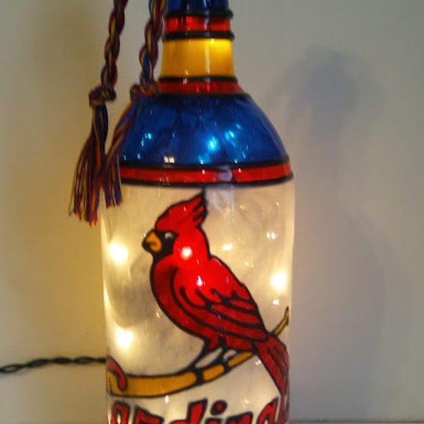 St Louis Cardinals Inspired Bottle Lamp Hand Painted Lighted Stained Glass Look
