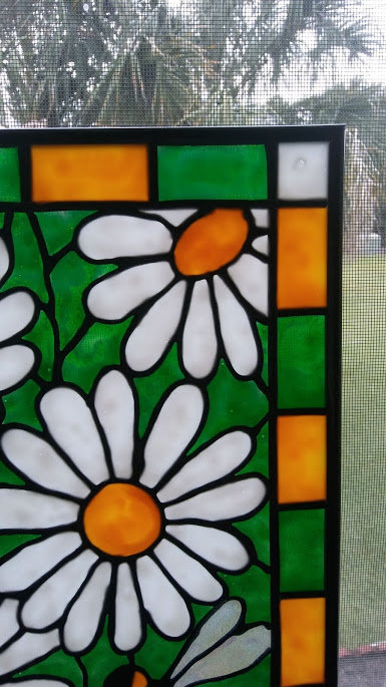 Daisies Stained Glass Window Panel hand painted Etsy