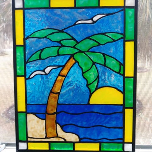 Palm Tree and Beach Stained Glass Window Panel Hand Painted Etsy