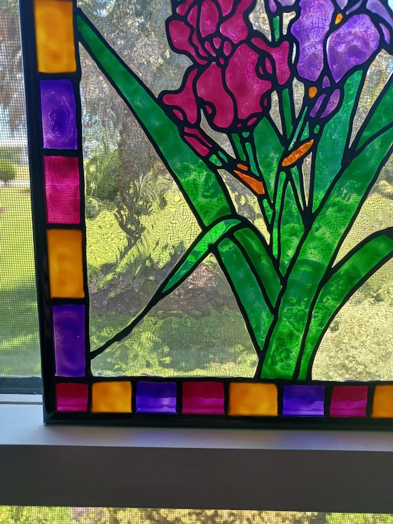 Irises Stained Glass Window Panel Hand Painted Etsy