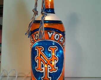 New York Mets Inspired Lighted Handpainted Wine Bottle Stained Glass look