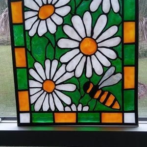 Daisies Stained Glass Window Panel hand painted